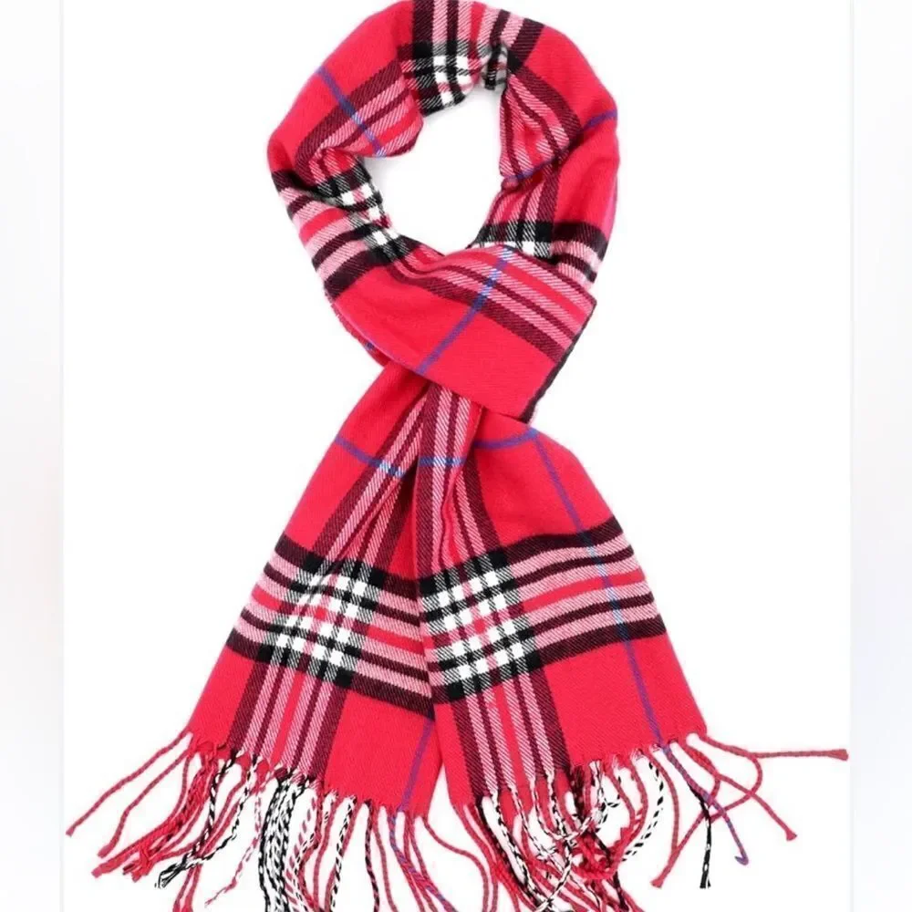 Plaid red, black and white plaid cashmere scarf